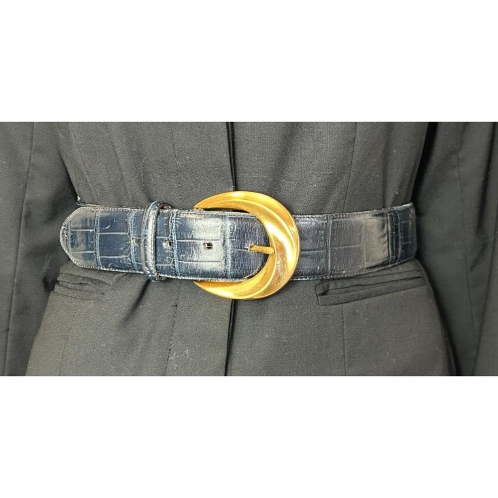 Vintage 1991 Brighton Black Croc Embossed Leather Belt Gold Buckle M 43414 EUC